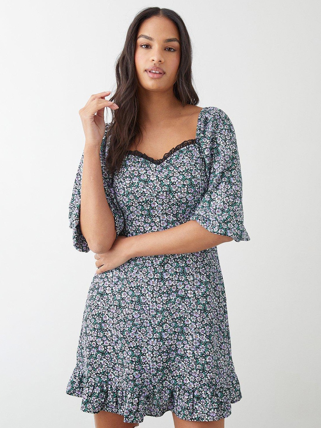 

DOROTHY PERKINS Floral Print Puff Sleeves Fit & Flare Dress, Black