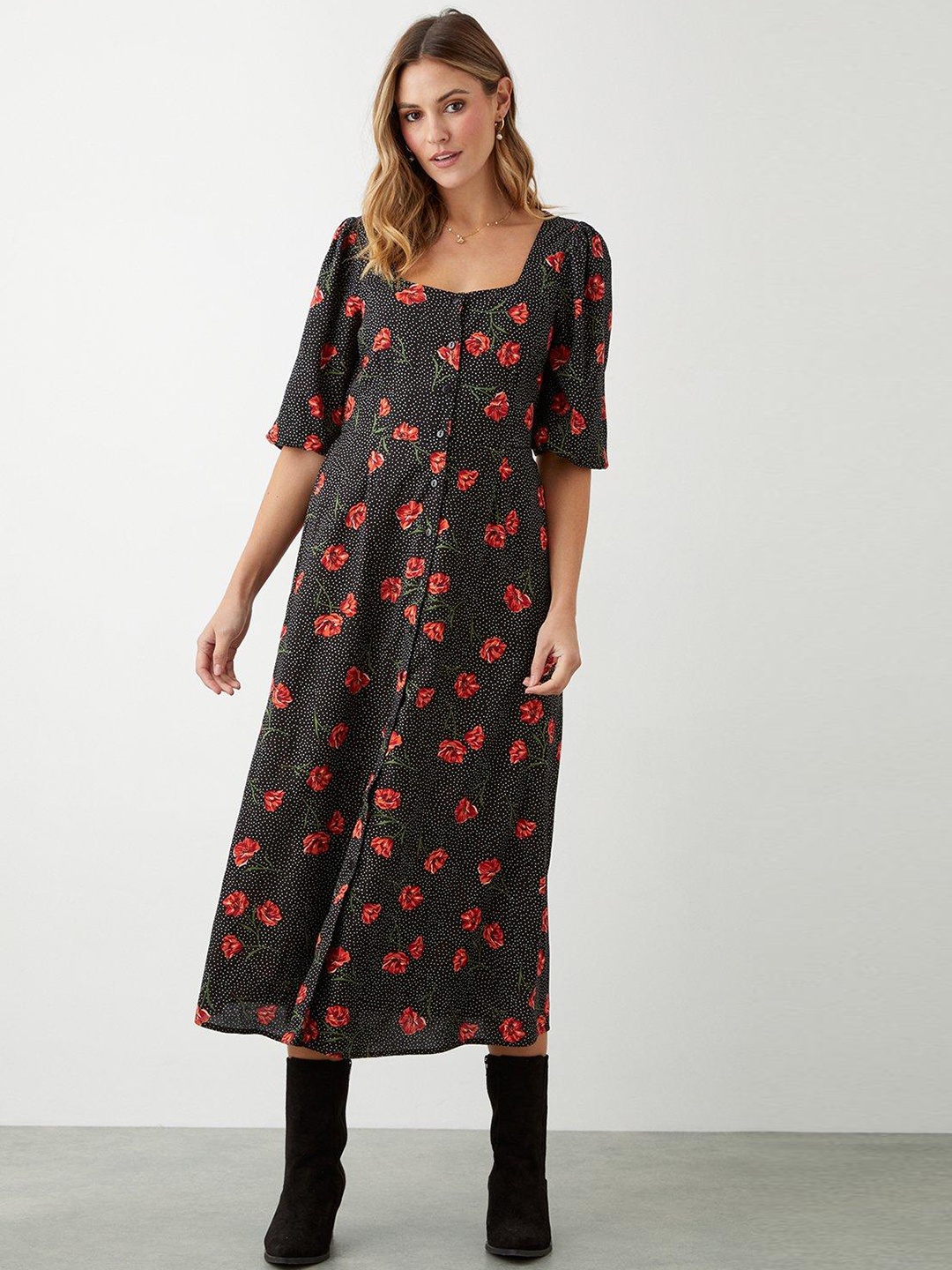 

DOROTHY PERKINS Floral Print Puff Sleeve A-Line Midi Dress, Black