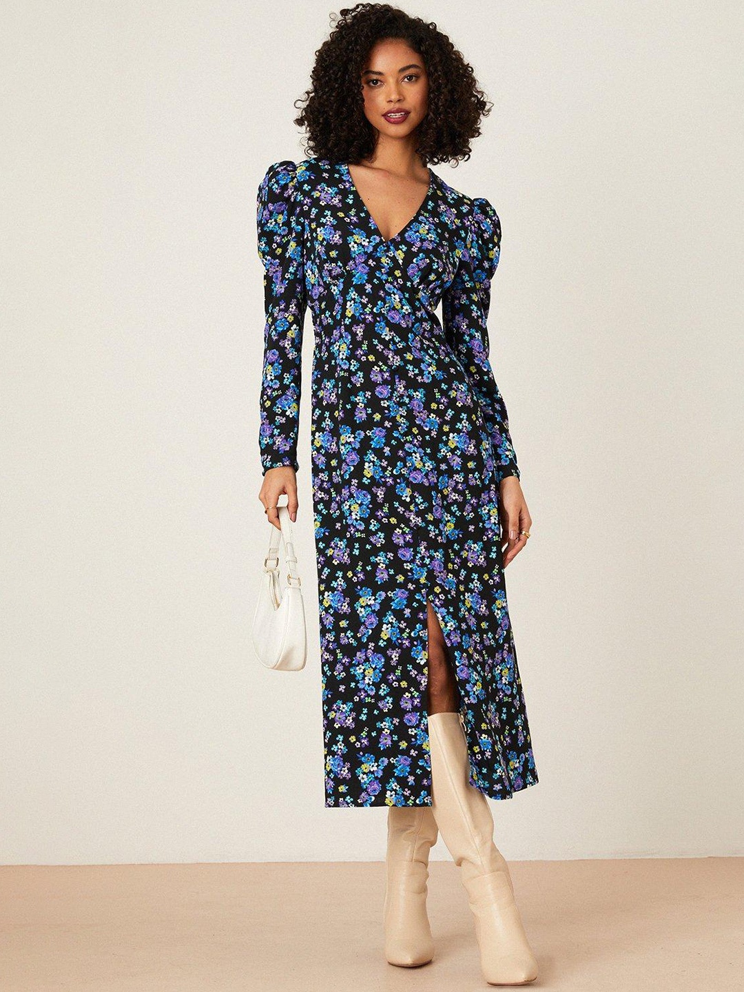 

DOROTHY PERKINS Floral Print Puff Sleeves A-Line Midi Dress, Blue