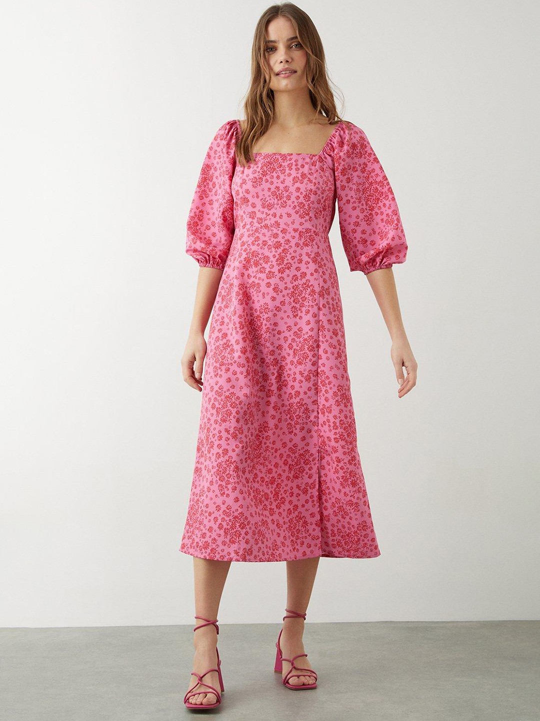 

DOROTHY PERKINS Floral Print Puff Sleeves A-Line Midi Dress, Pink
