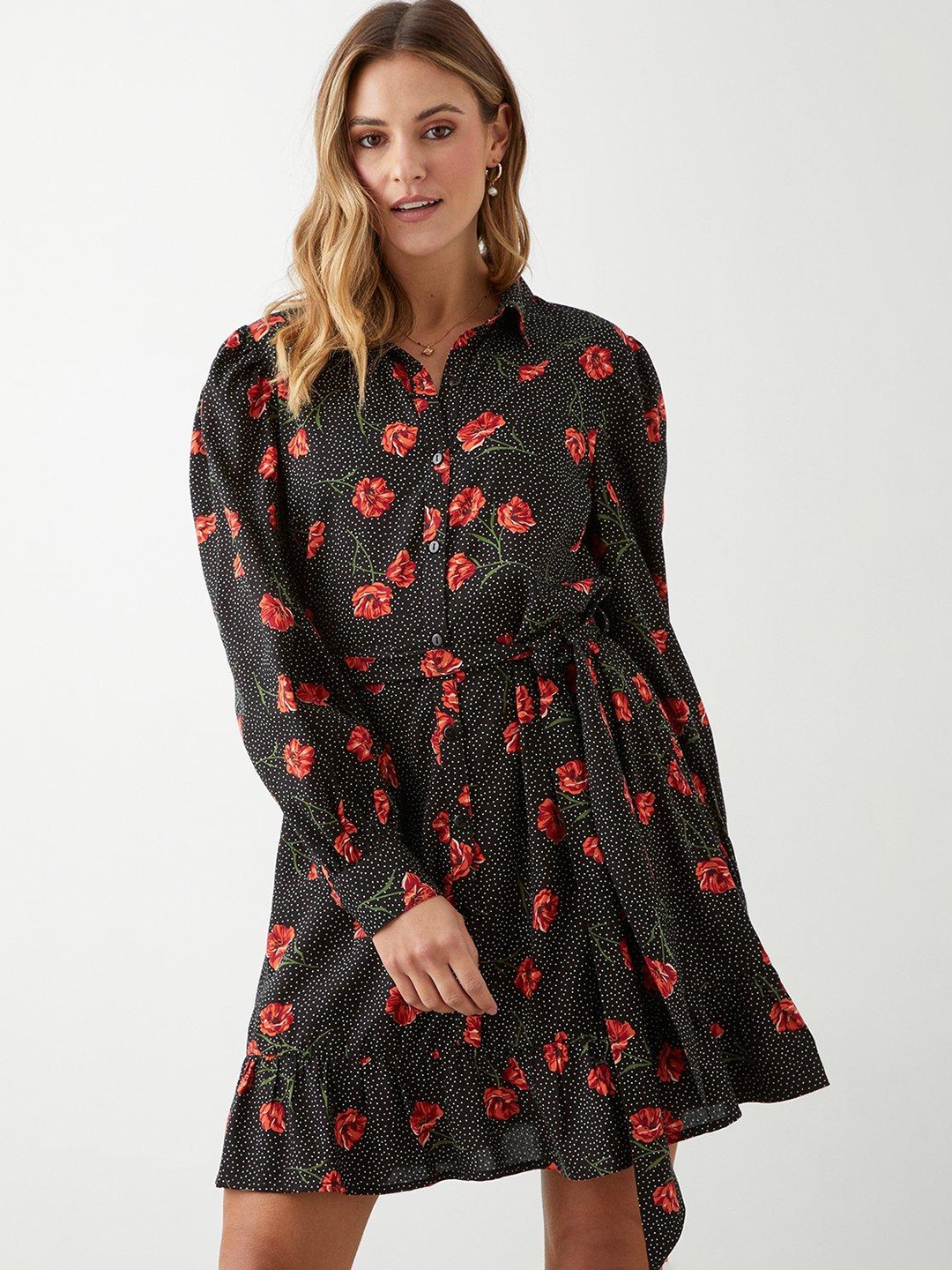 

DOROTHY PERKINS Floral Print Shirt Mini Dress with Belt, Black