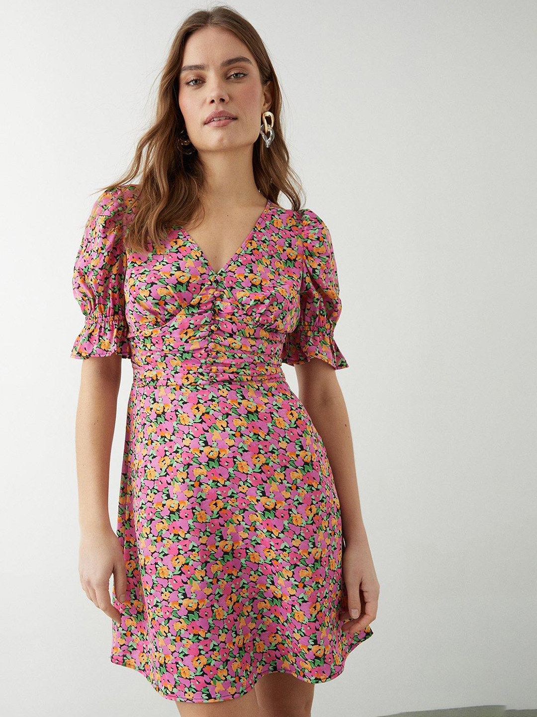 

DOROTHY PERKINS Floral Print Puff Sleeves Empire Mini Dress, Pink