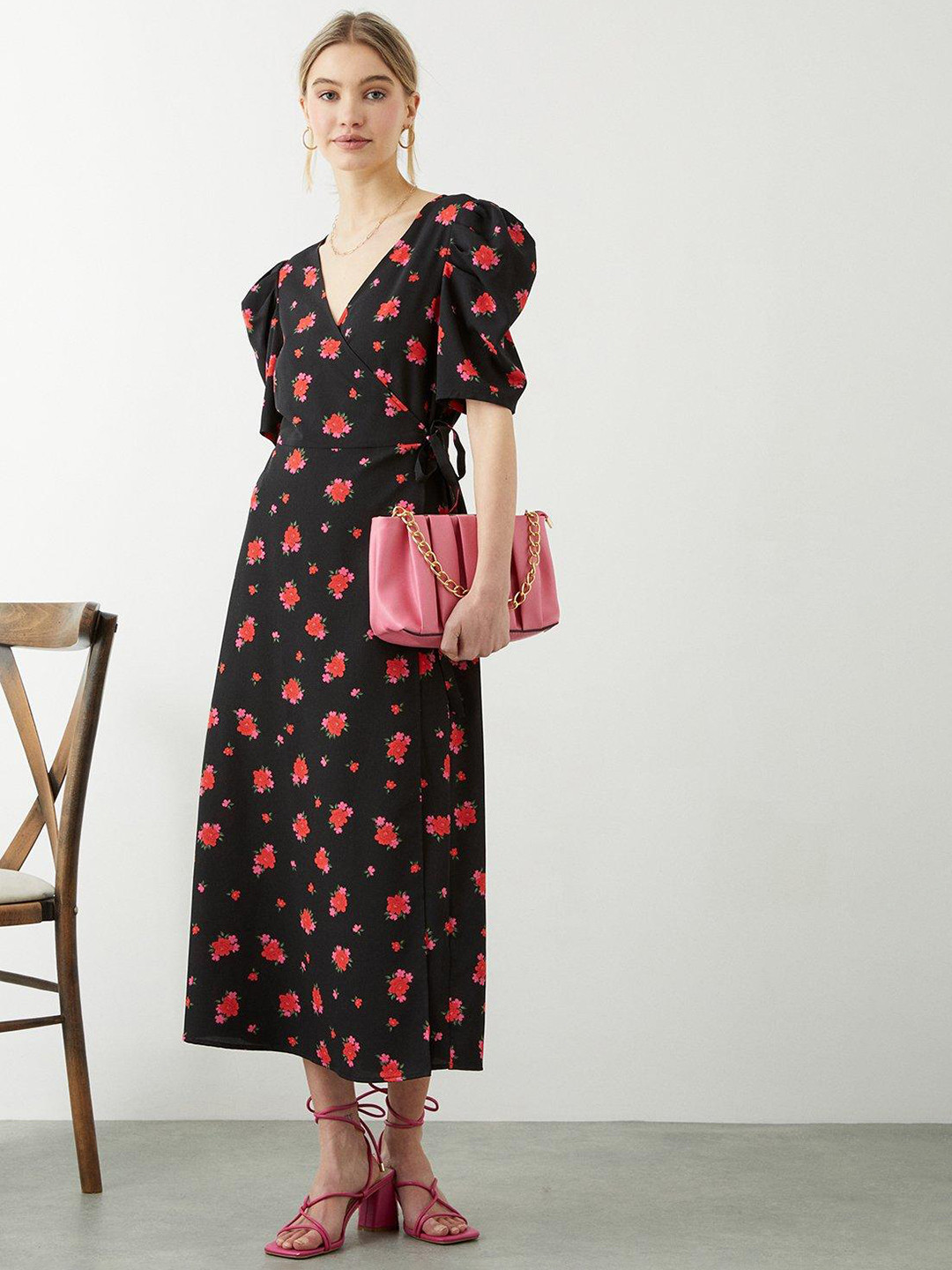 

DOROTHY PERKINS Floral Print Puff Sleeves Wrap Maxi Dress, Black