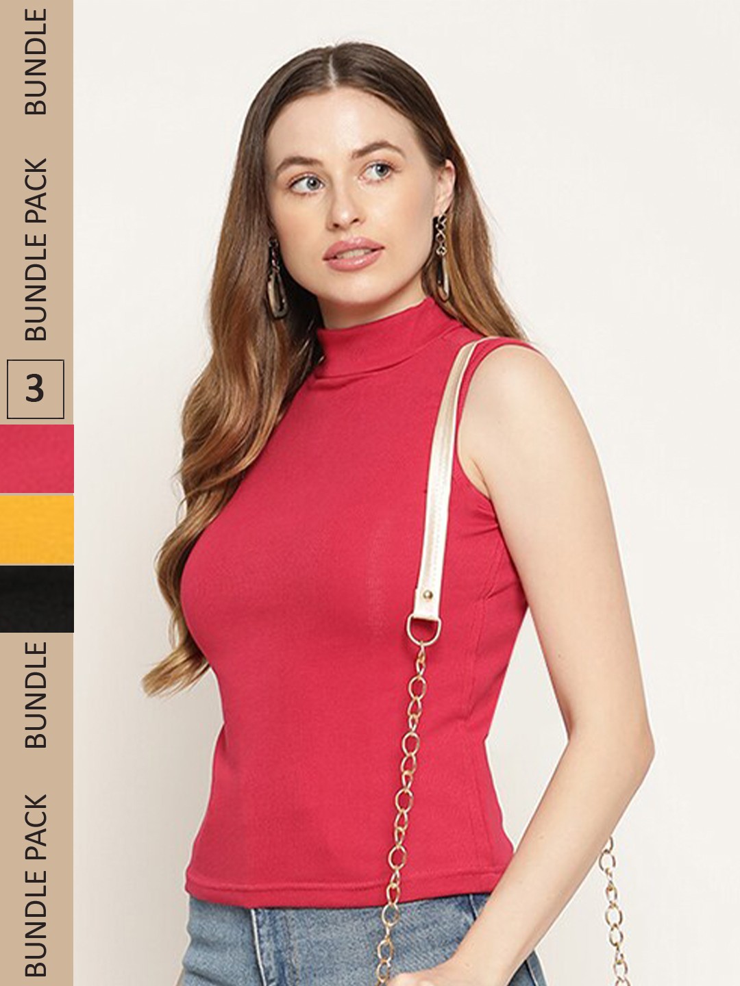 

Miaz Lifestyle Pack Of 3 High Neck Sleeveless Fitted Organic Cotton Top, Coral