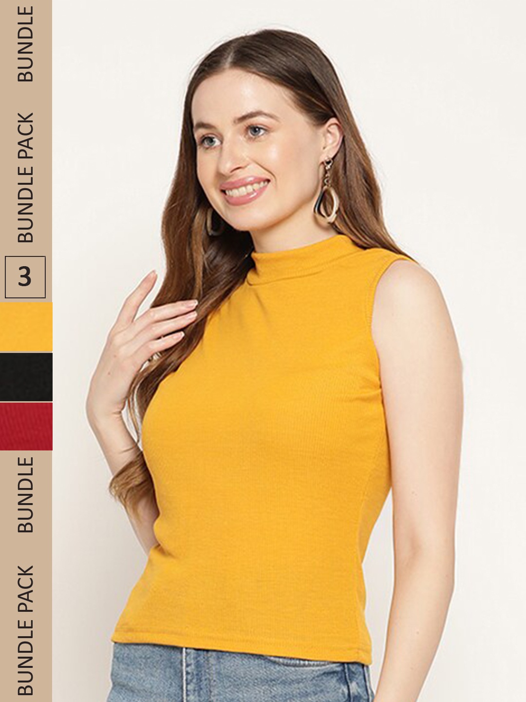 

Miaz Lifestyle Pack Of 3 High Neck Sleeveless Regular Organic Cotton Top, Mustard
