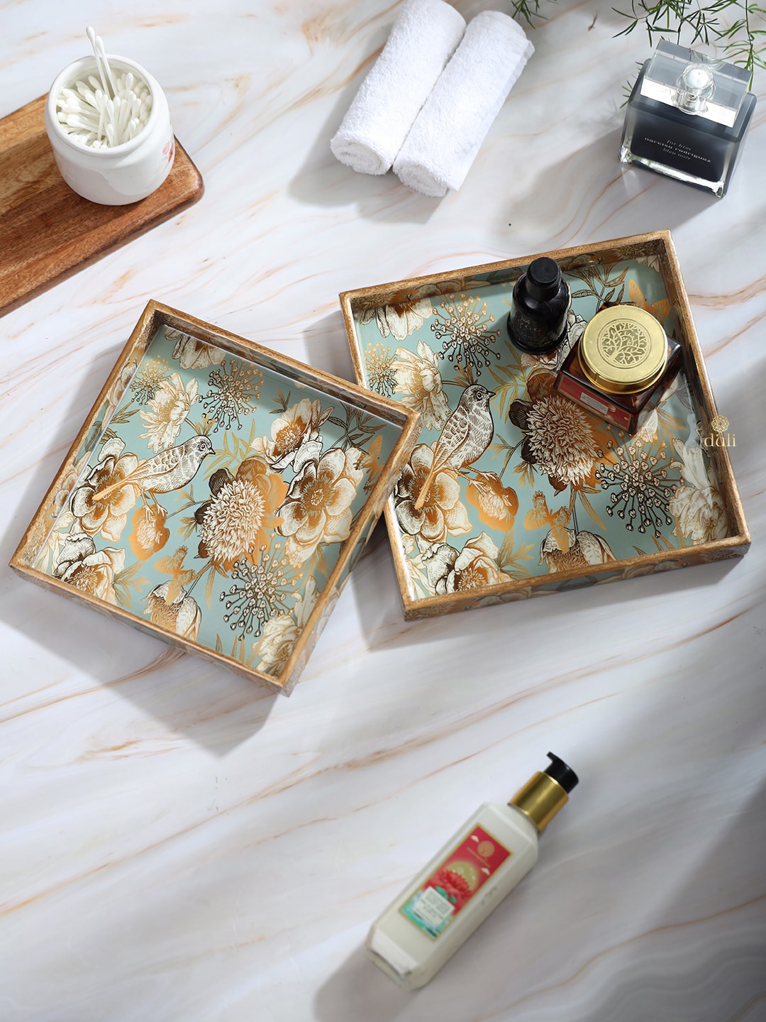

DULI Brown & Blue 2 Pieces Printed Square Serving Trays