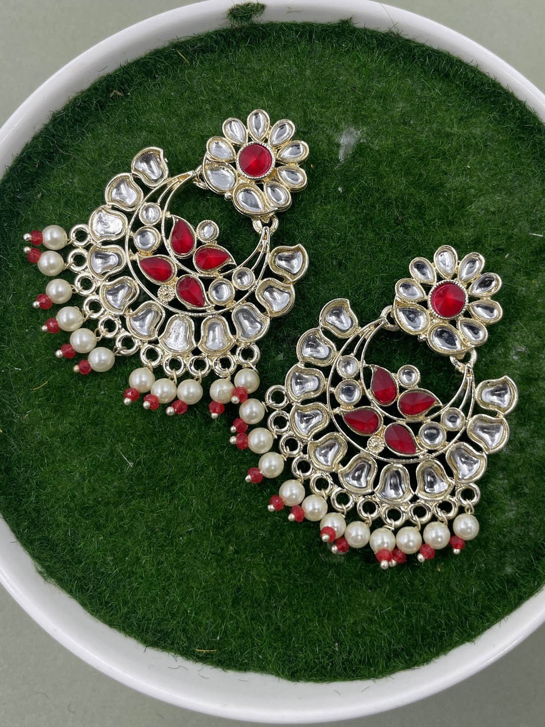 

Rhymee Gold-Plated Floral Kundan Studded Chandbalis Earrings
