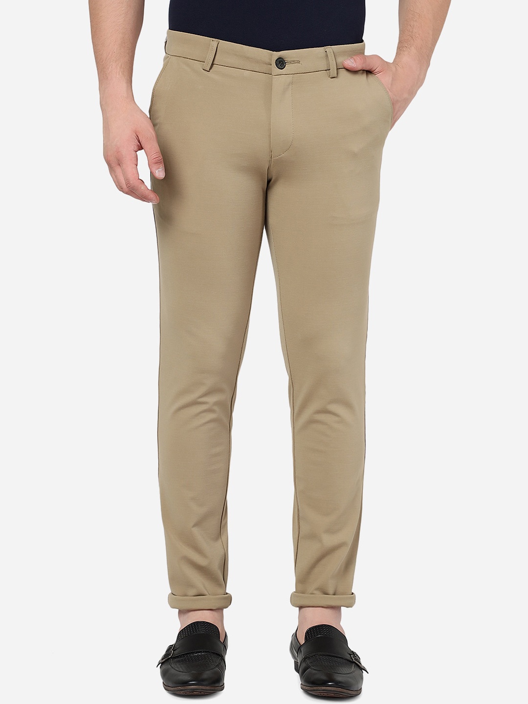 

JADE BLUE Men Mid-Rise Pure Cotton Trousers, Beige