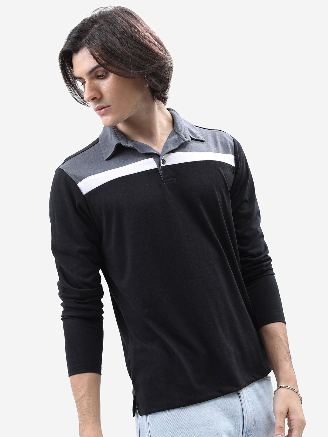 

HIGHLANDER Black Polo Collar Colourblocked T-shirt