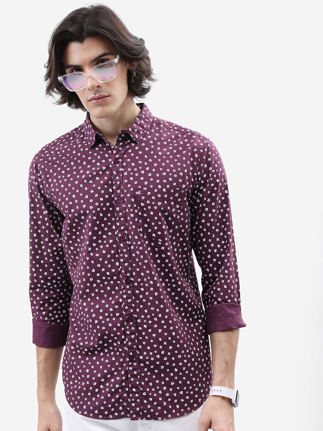 

HIGHLANDER Burgundy & White Floral Printed Slim Fit Cotton Casual Shirt
