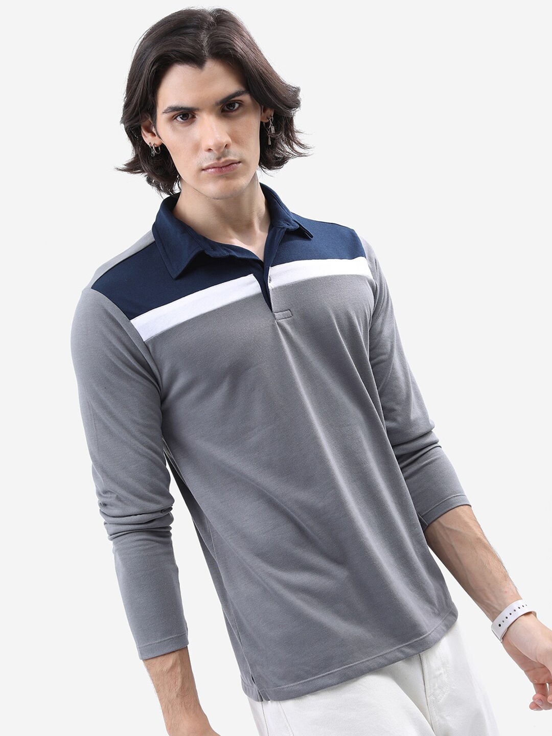 

HIGHLANDER Grey Polo Collar Colourblocked T-shirt