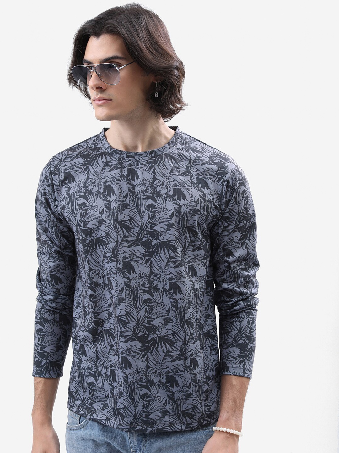 

HIGHLANDER Grey Floral Printed Relaxed Fit T-shirt