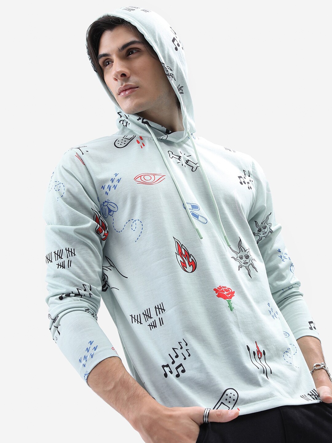 

HIGHLANDER Blue Conversational Printed Hooded T-shirt