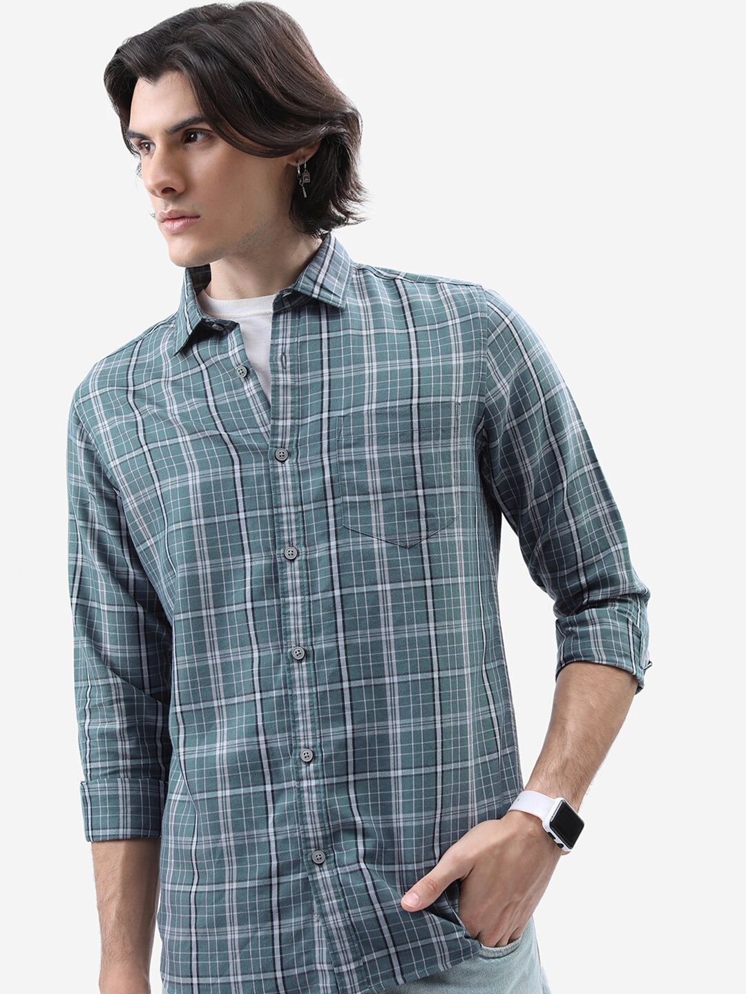

HIGHLANDER Teal Green Tartan Checked Slim Fit Casual Shirt