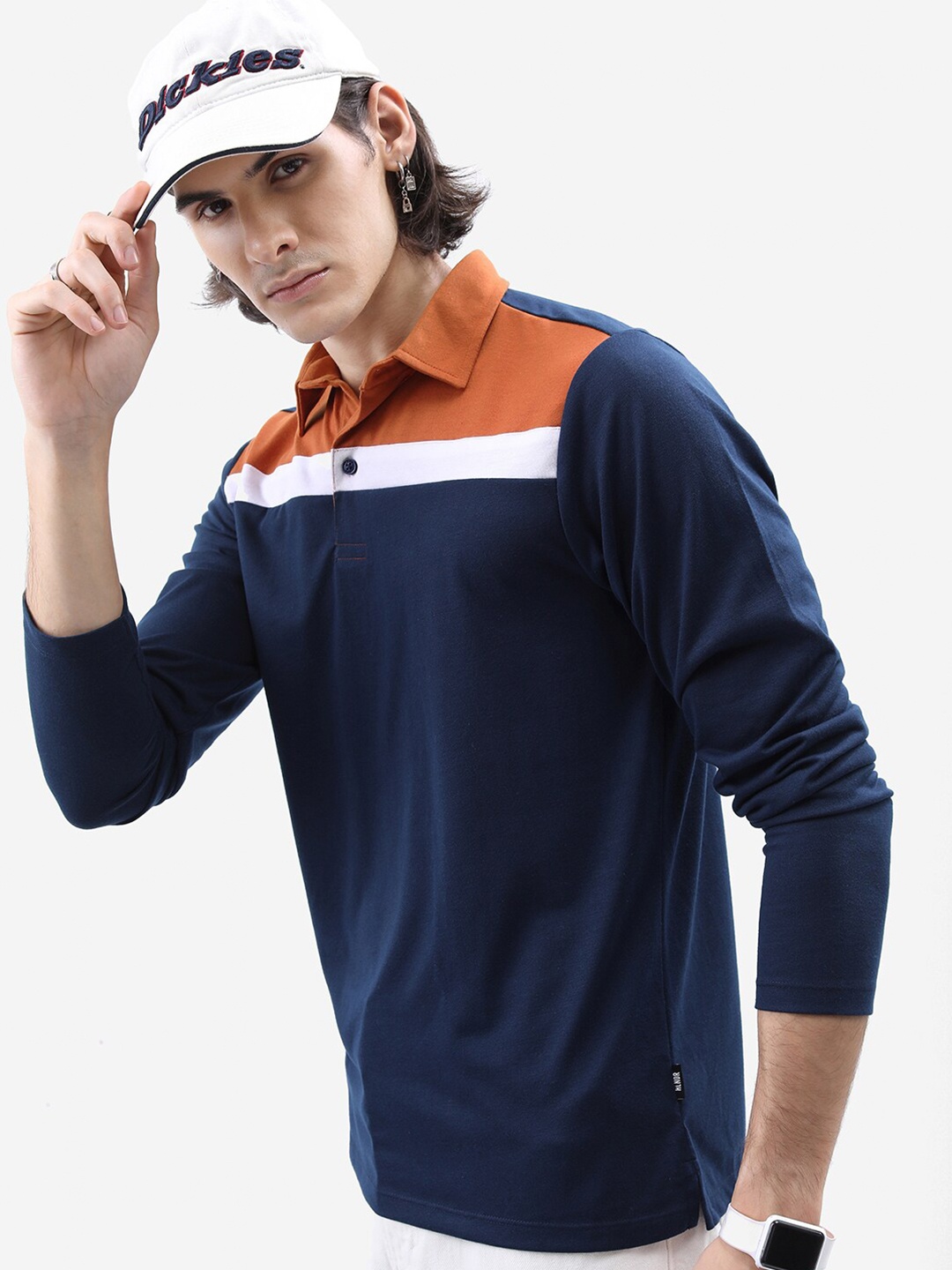 

HIGHLANDER Navy Blue Polo Collar Colourblocked T-shirt