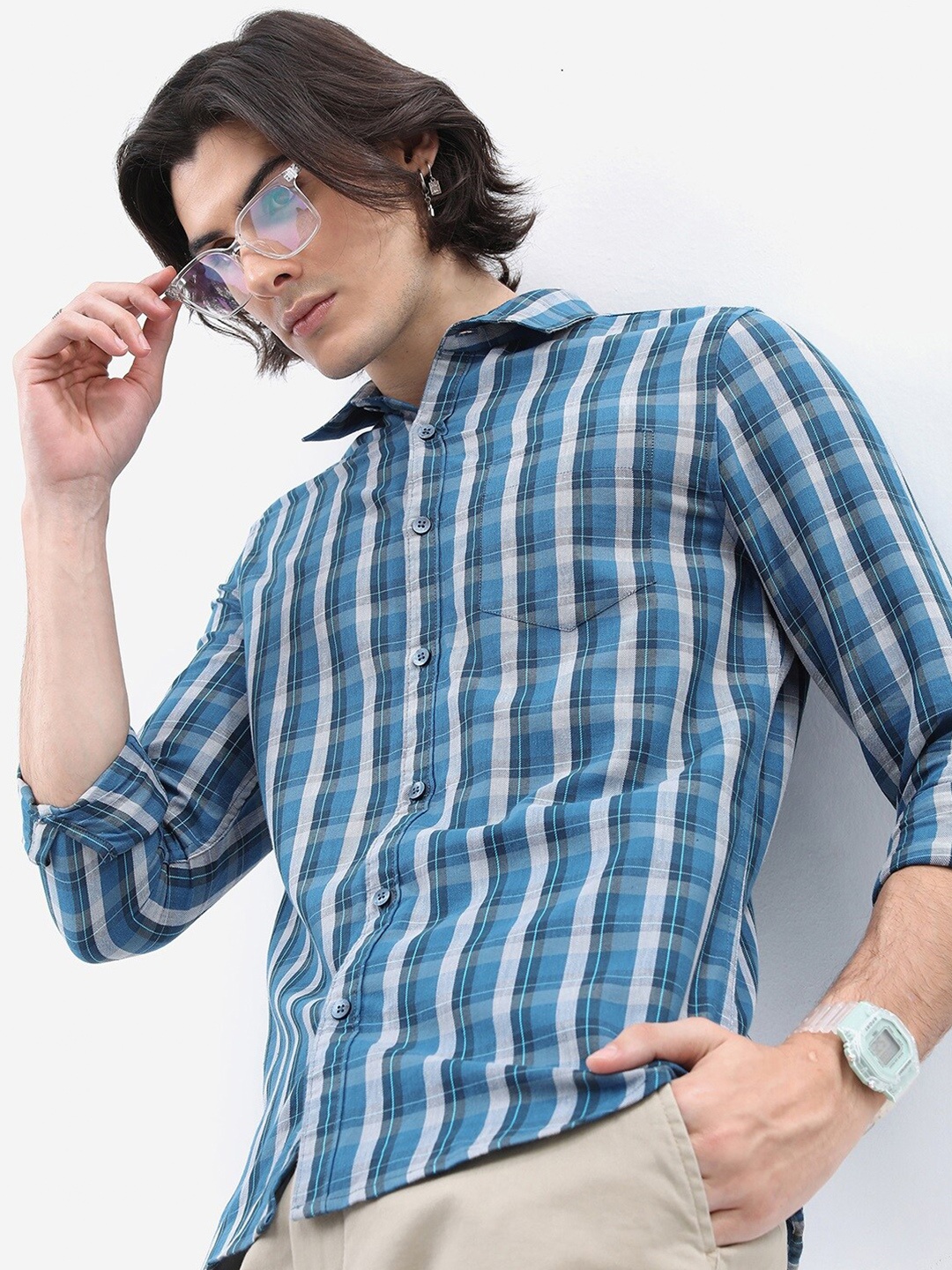 

HIGHLANDER Slim Fit Tartan Checked Casual Cotton Shirt, Blue