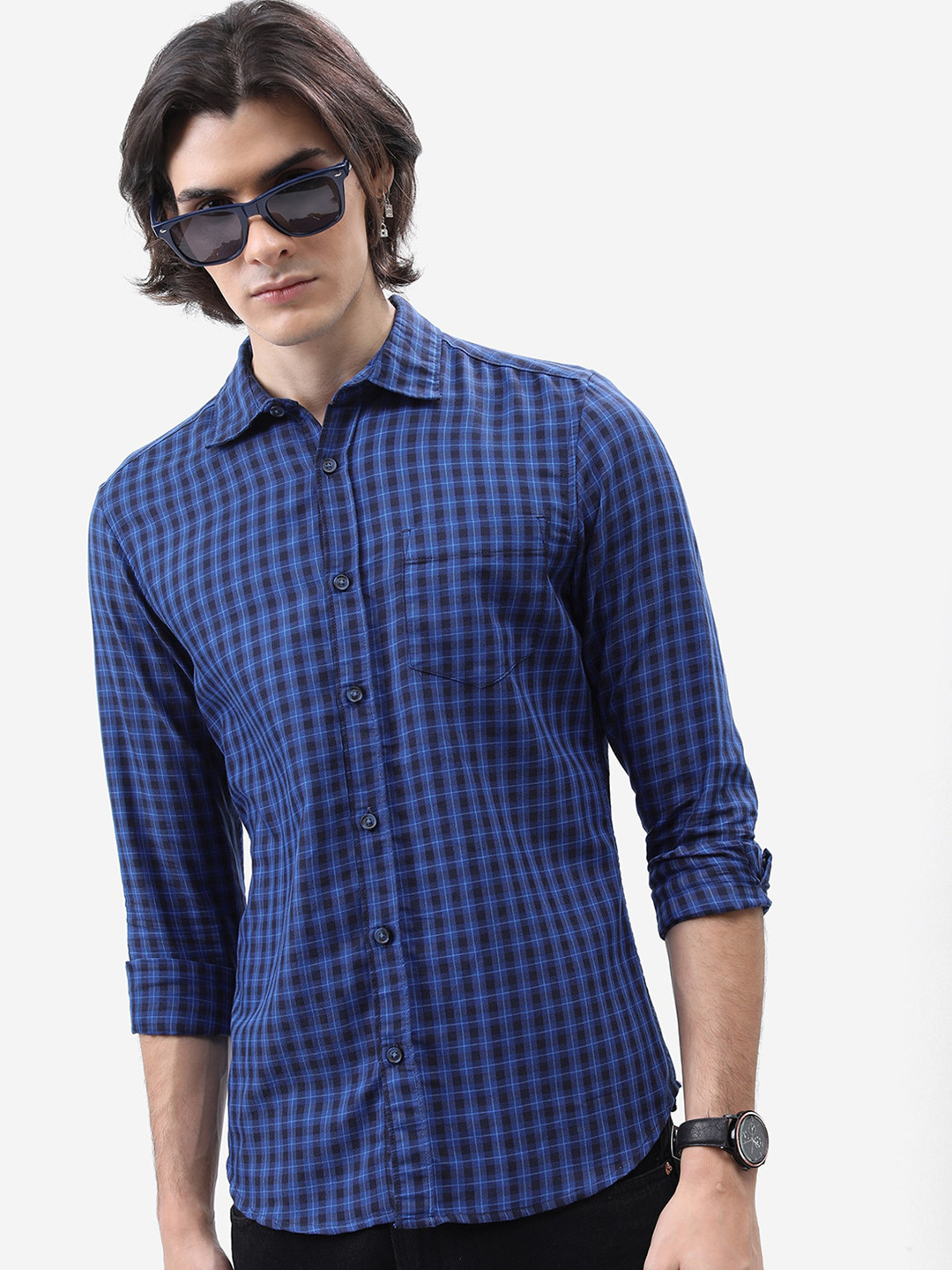 

HIGHLANDER Slim Fit Buffalo Checked Casual Cotton Shirt, Navy blue