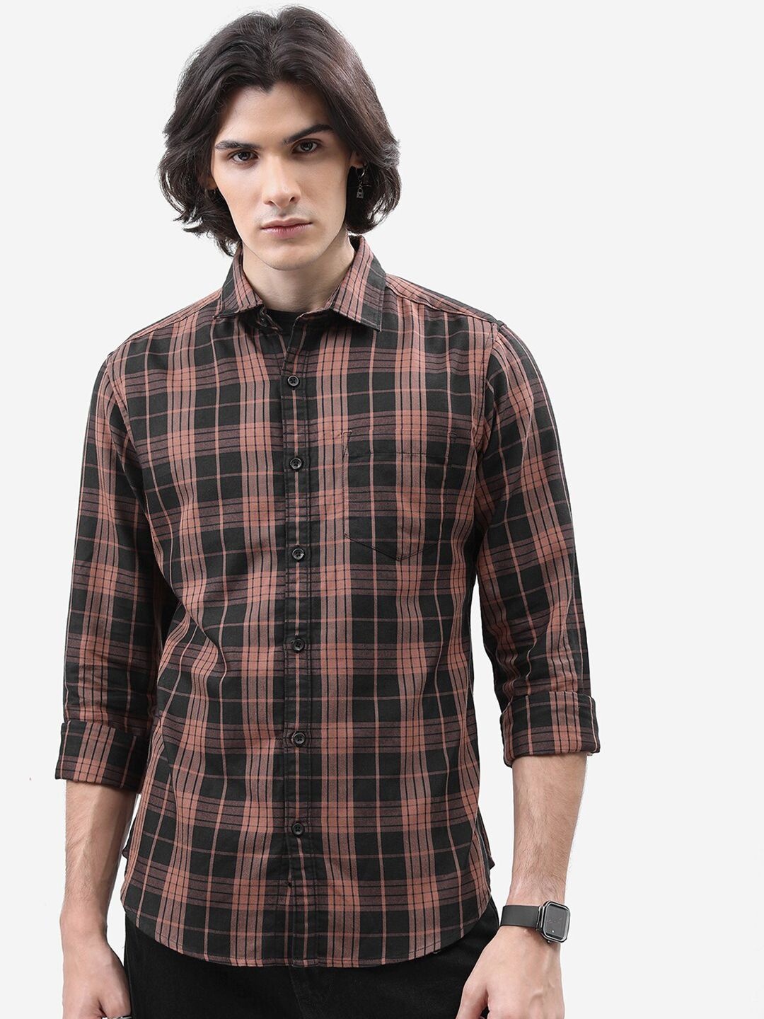 

HIGHLANDER Brown & Black Tartan Checked Slim Fit Casual Shirt