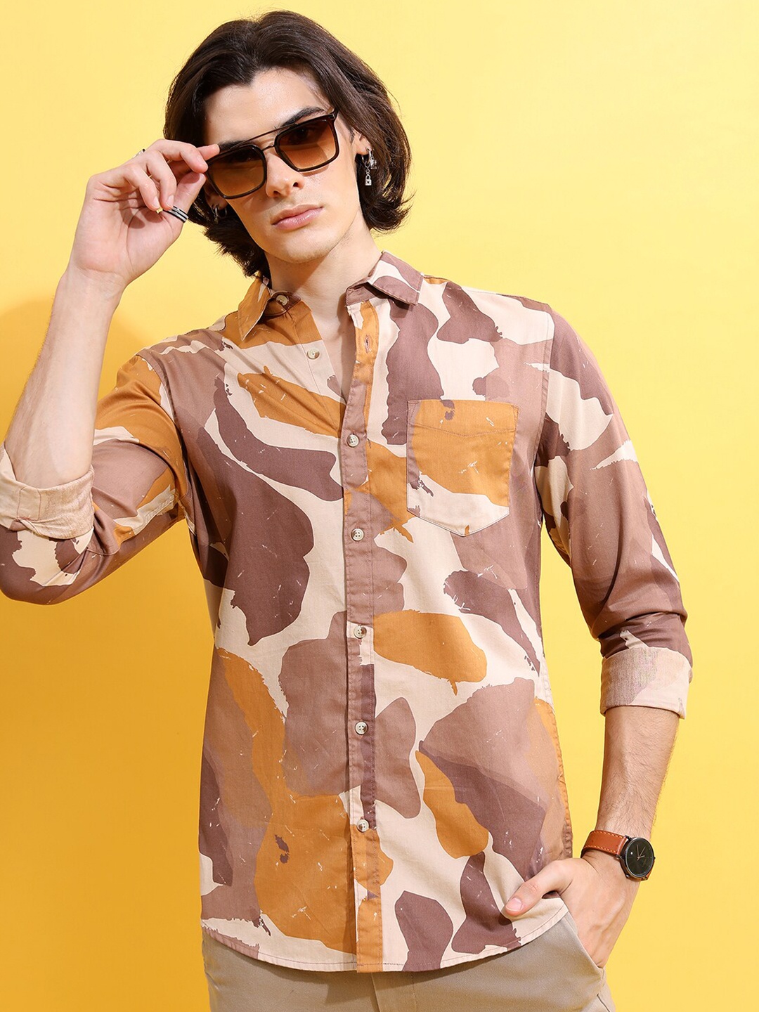 

HIGHLANDER Brown & Mustard Yellow Abstract Printed Slim Fit Cotton Casual Shirt