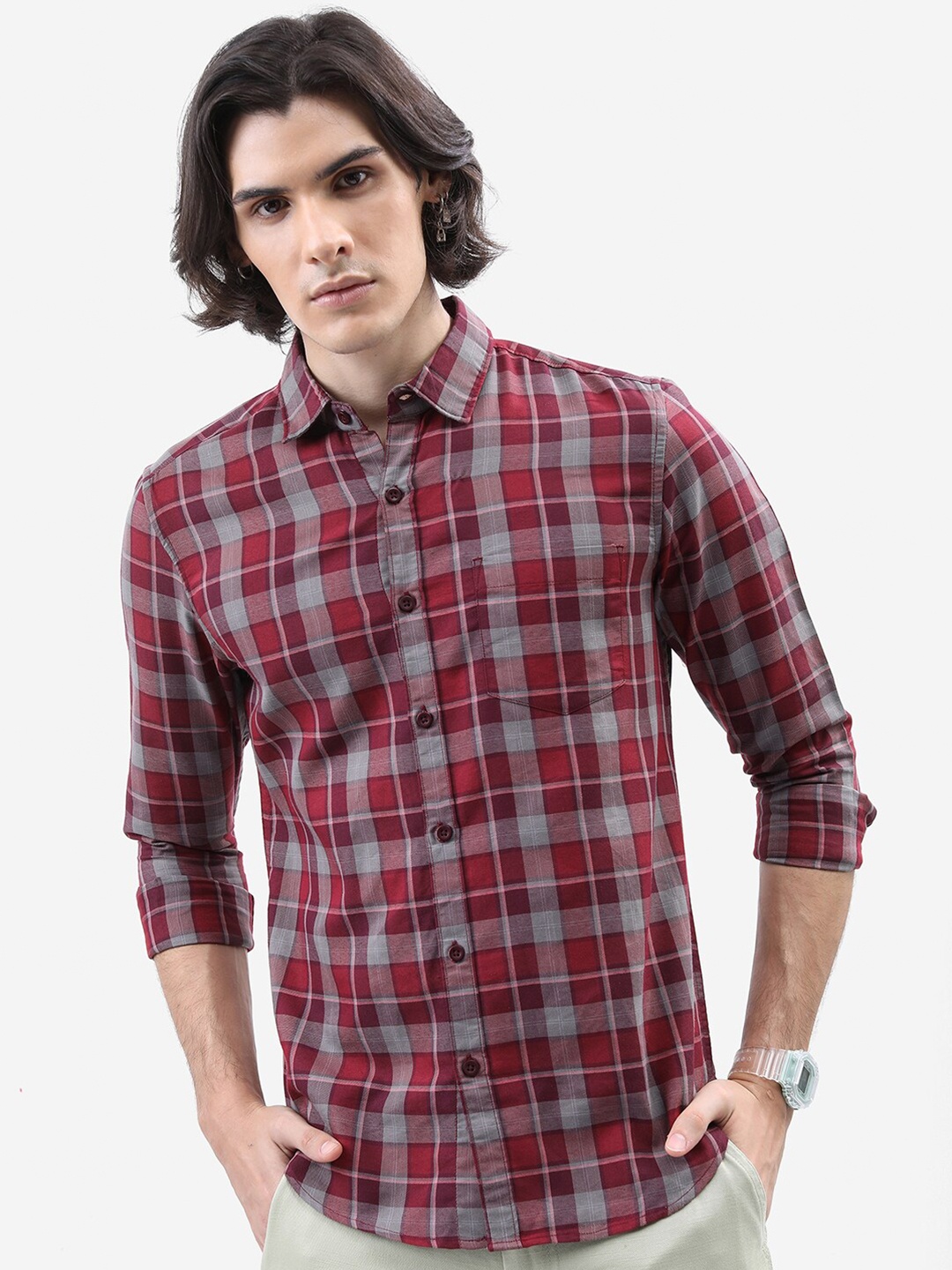 

HIGHLANDER Slim Fit Tartan Checked Casual Cotton Shirt, Maroon