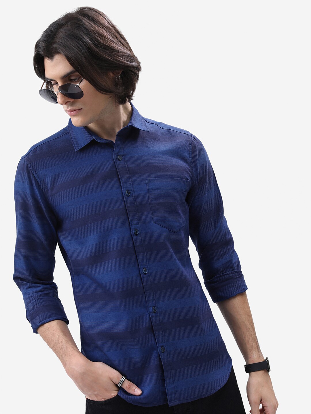 

KETCH Men Comfort Slim Fit Striped Casual Shirt, Navy blue