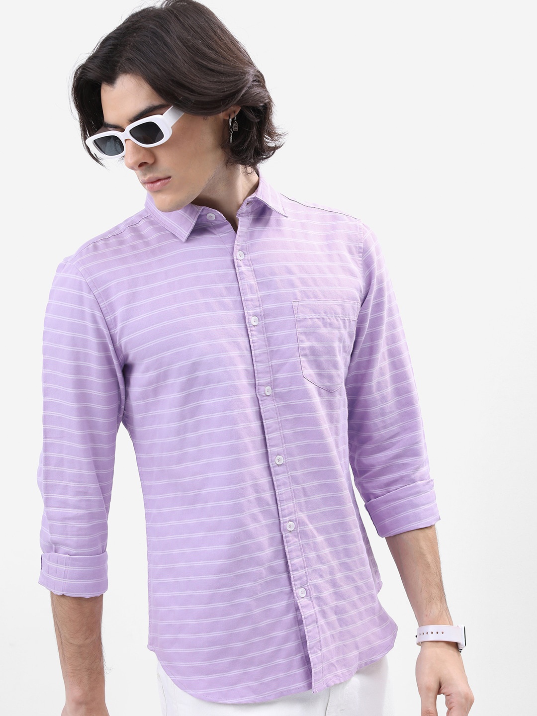 

KETCH Men Slim Fit Horizontal Striped Casual Shirt, Lavender
