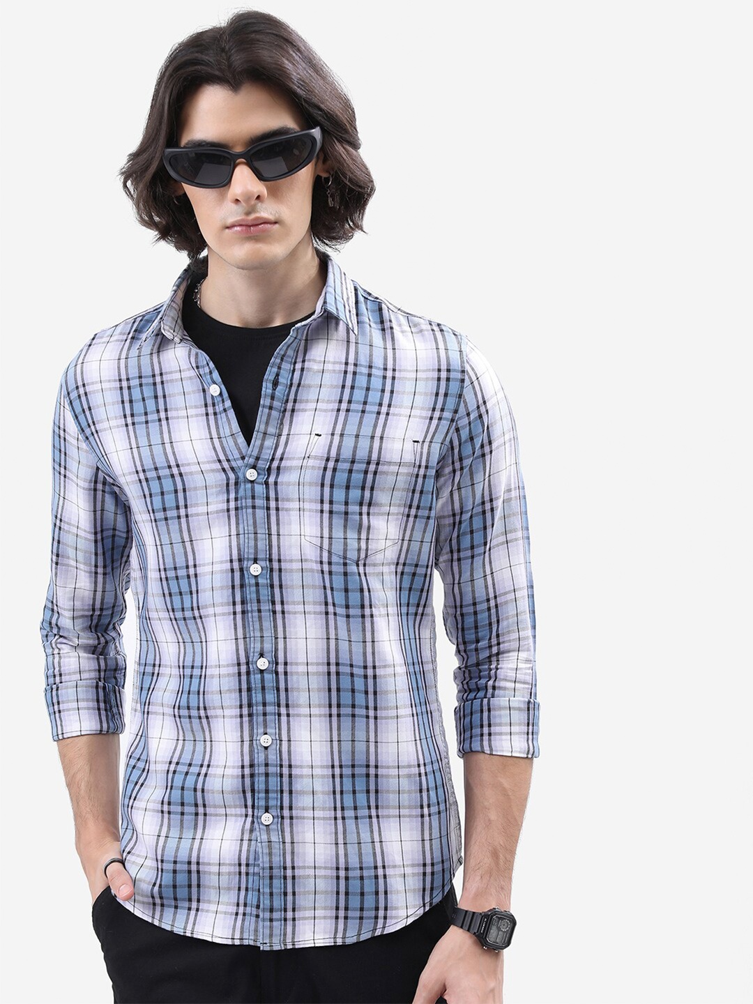 

KETCH Tartan Checked Cotton Casual Shirt, Blue