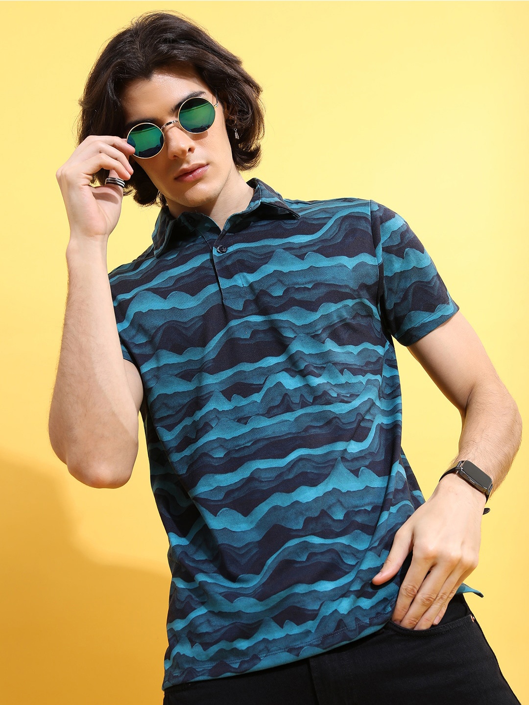 

KETCH Abstract Printed Polo Collar Relaxed Fit T-shirt, Teal