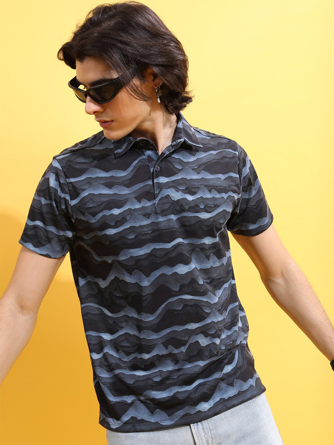 

KETCH Abstract Printed Polo Collar Cotton T-shirt, Black