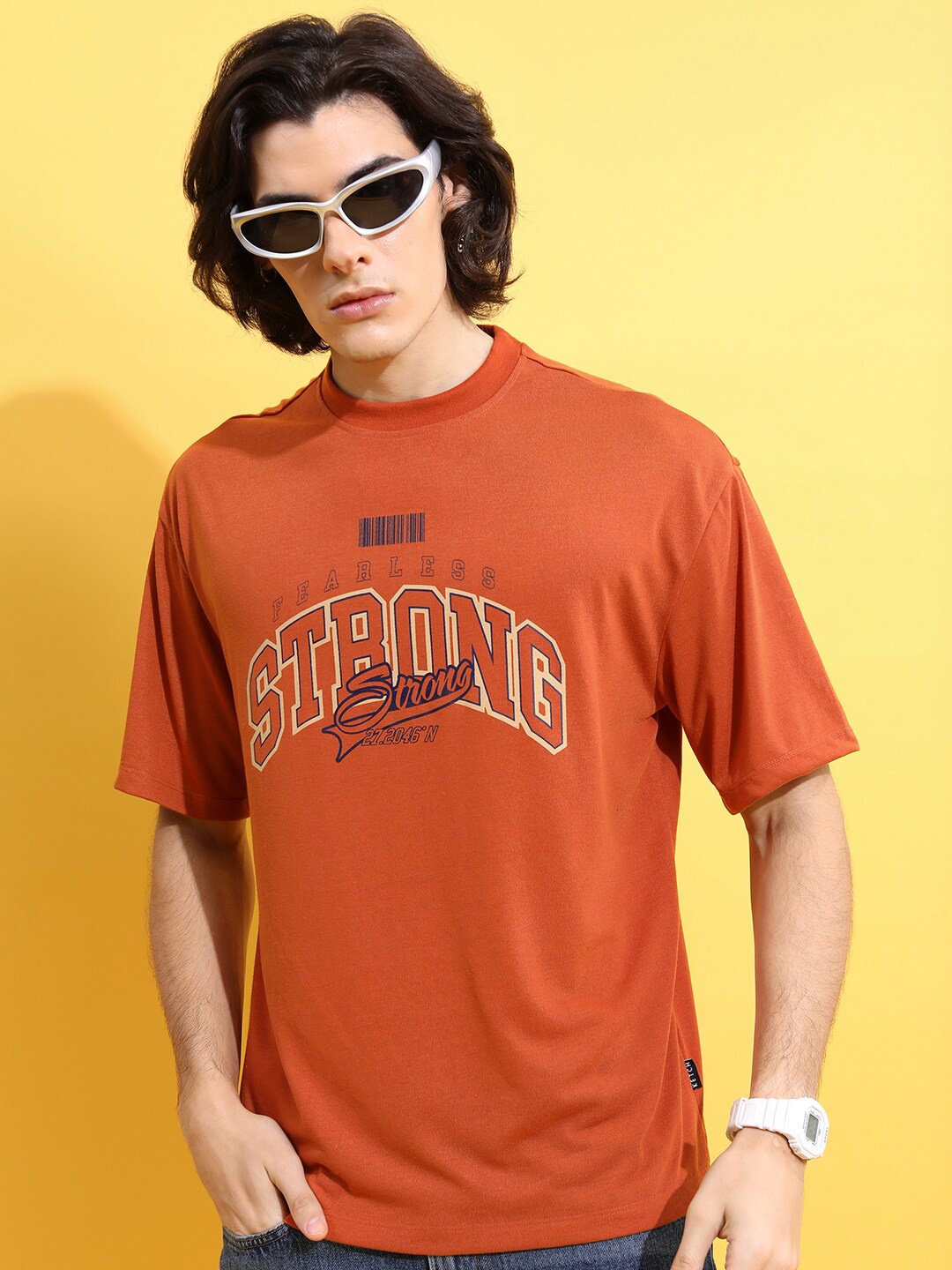 

KETCH Typography Printed Drop Shoulder Sleeves Oversized T-shirt, Rust