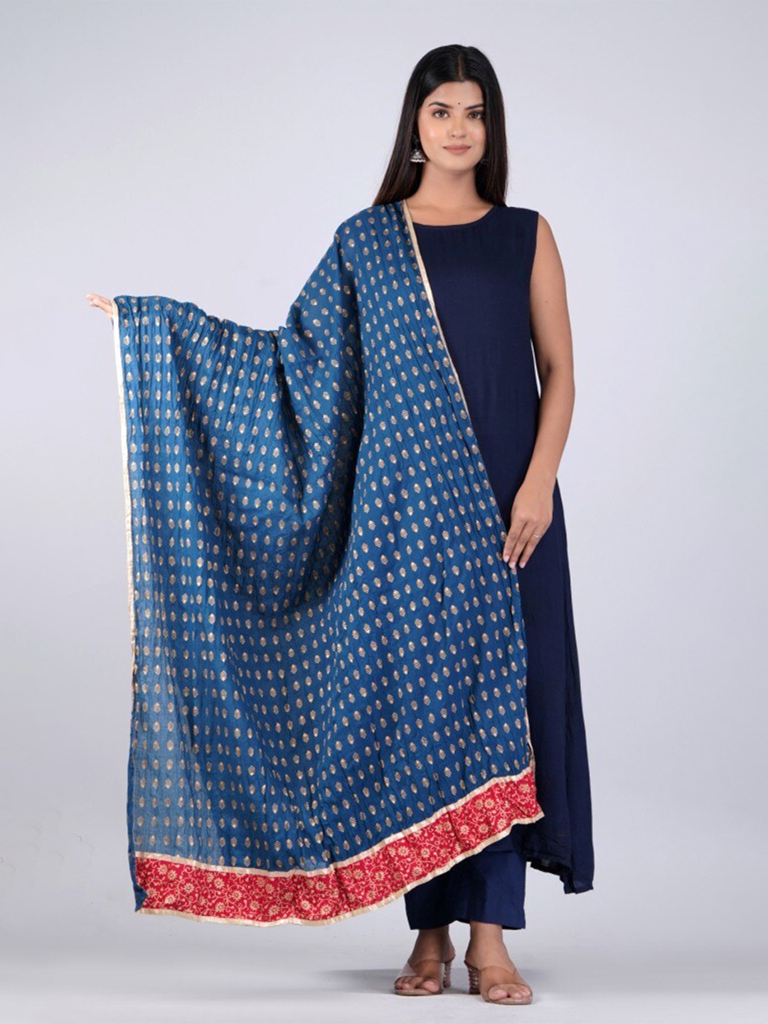 

HERE&NOW Blue & Red Ethnic Motifs Printed Cotton Dupatta