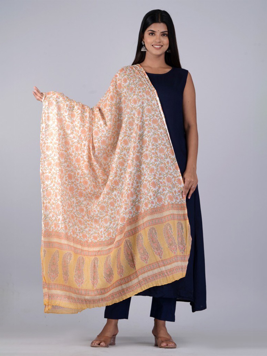 

HERE&NOW Yellow & White Floral Printed Cotton Dupatta, Peach