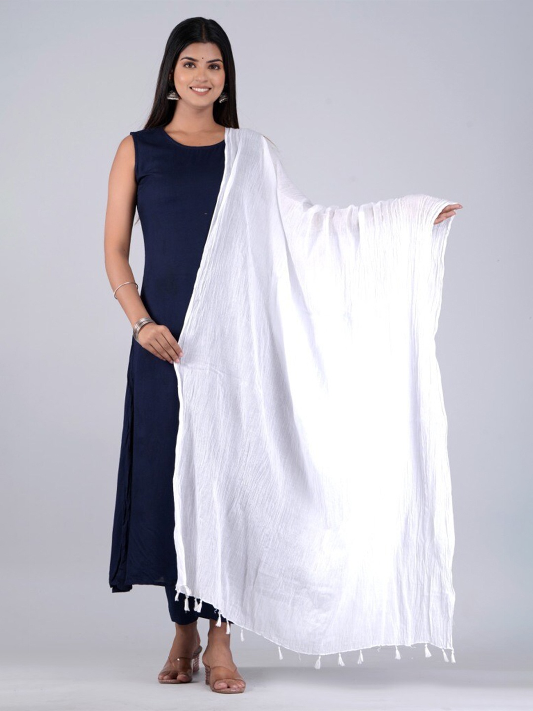 

HERE&NOW White Cotton Dupatta With Tassel