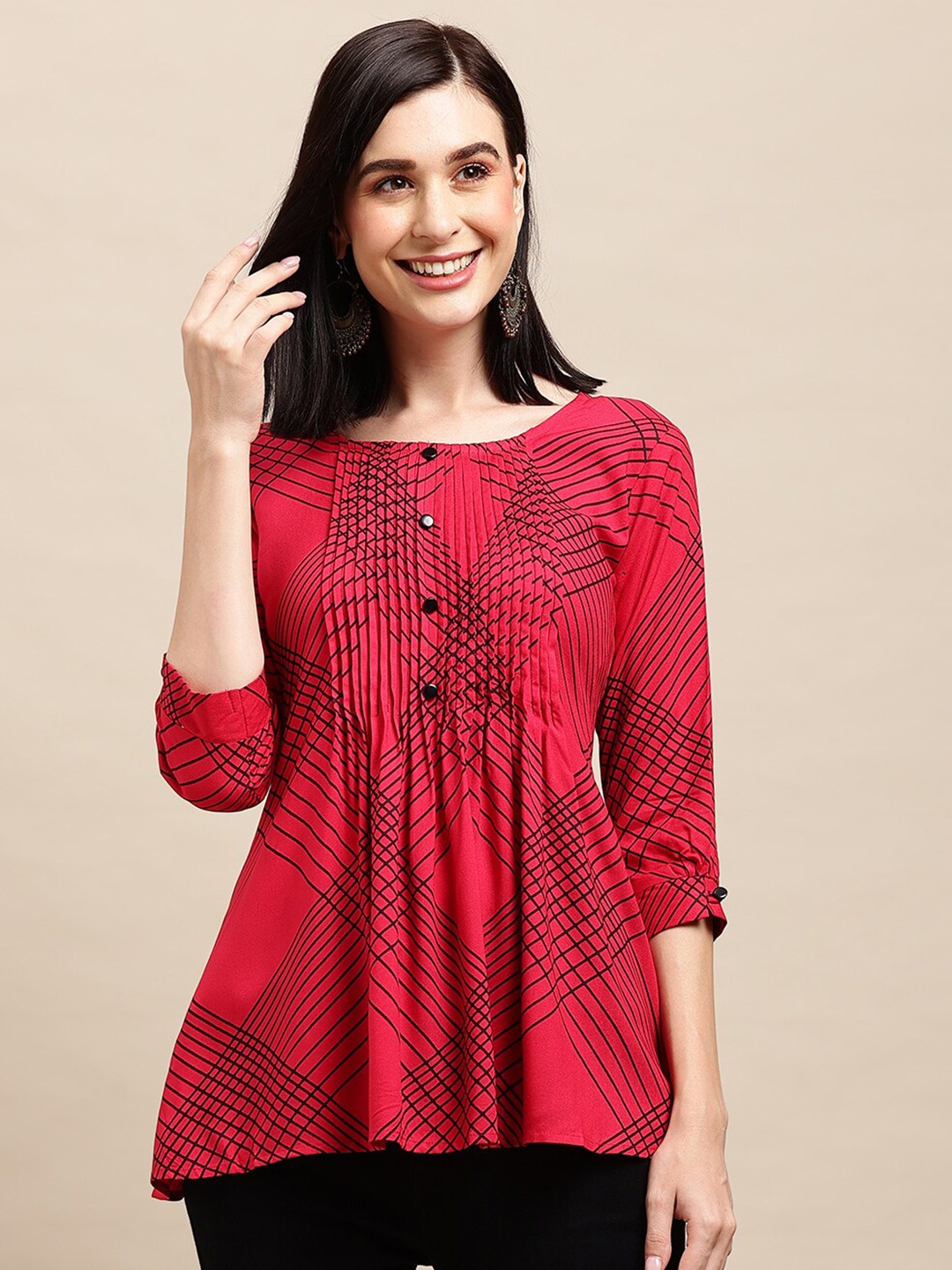 

Sangria Red Striped Round Neck Pleated Detail A-line Top