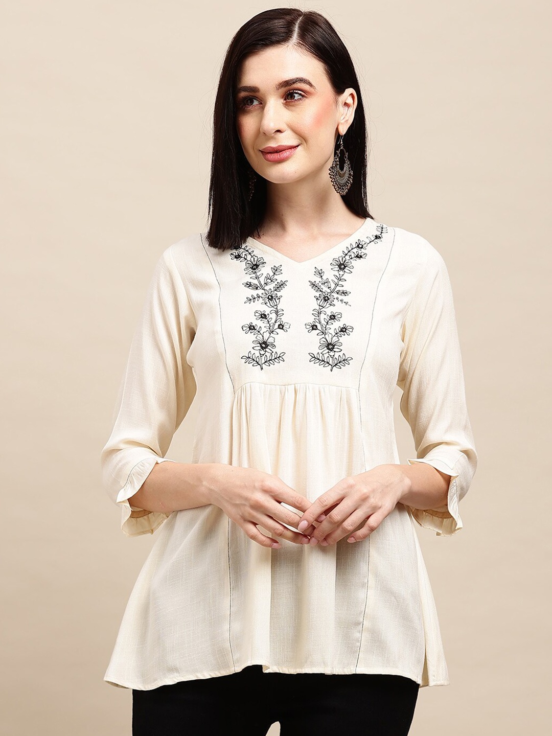 

Sangria White Thread Work Floral Embroidered V-Neck A-Line Top