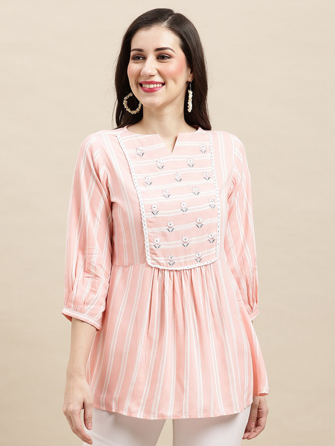 

Sangria Pink & White Striped Notched Round Neck Embroidered A-Line Top