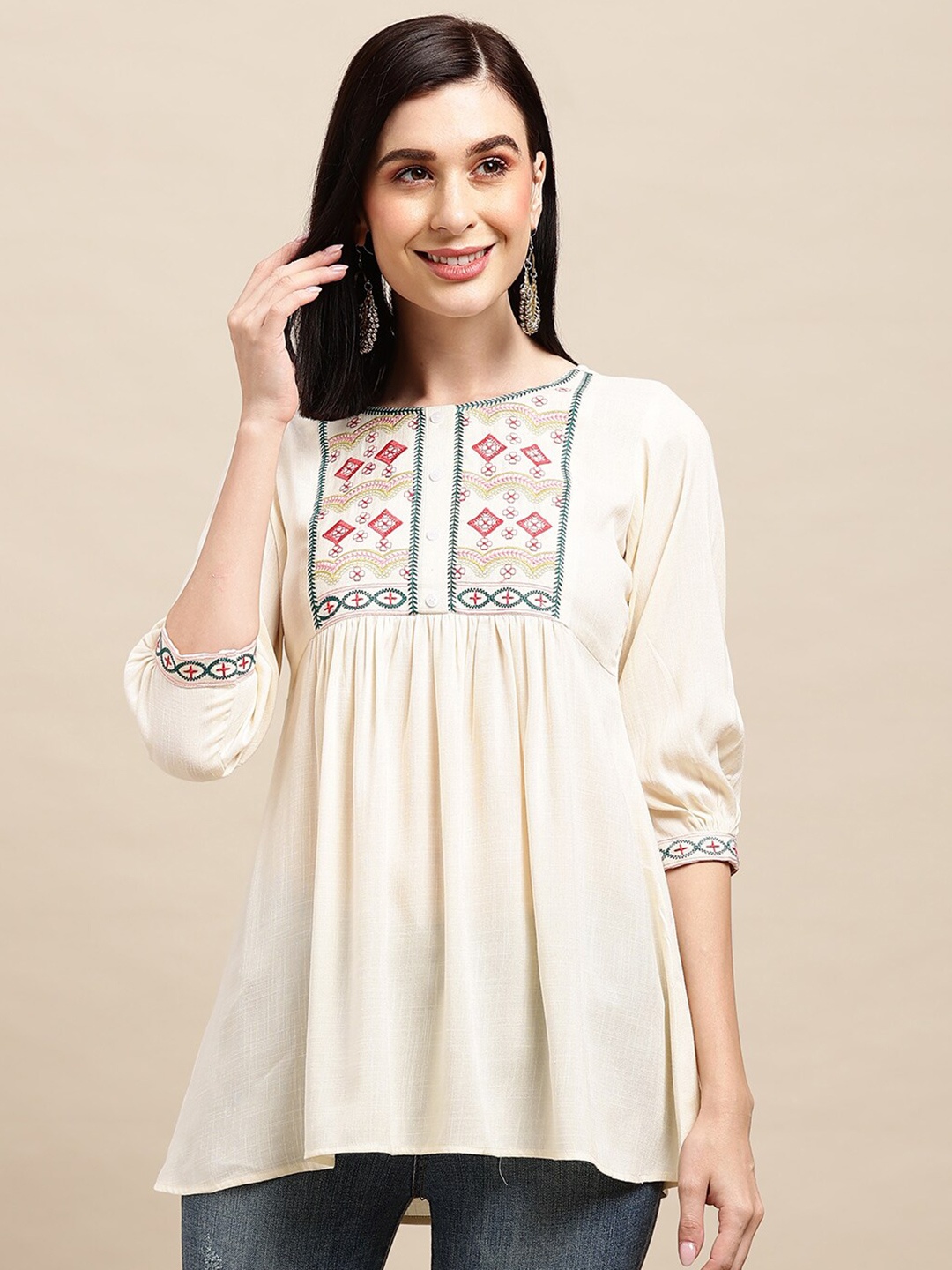 

Sangria Off White Ethnic motifs Embroidered Round Notched Neck A-Line Top