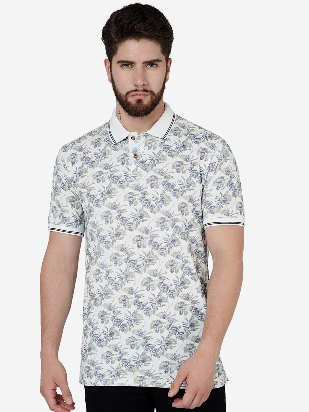 

Greenfibre Floral Printed Polo Collar Slim Fit T-shirt, White