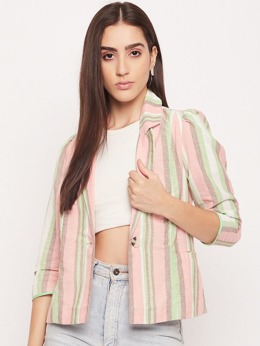

Madame Women Striped Notched Lapel Collar Cotton Single-Breasted Blazer, Peach