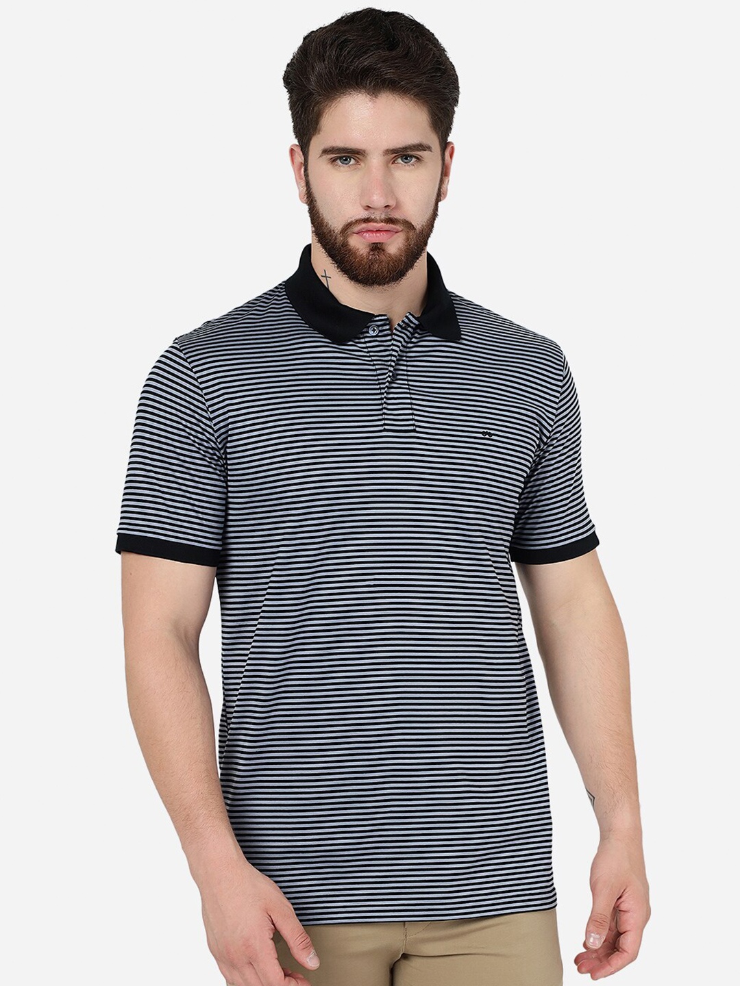 

JADE BLUE Striped Polo Collar Slim Fit Cotton T-Shirt, Black