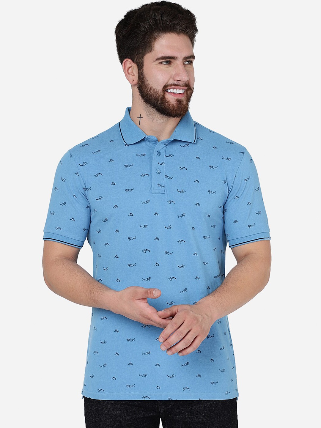 

JADE BLUE Conversational Printed Polo Collar Slim Fit Cotton T-Shirt