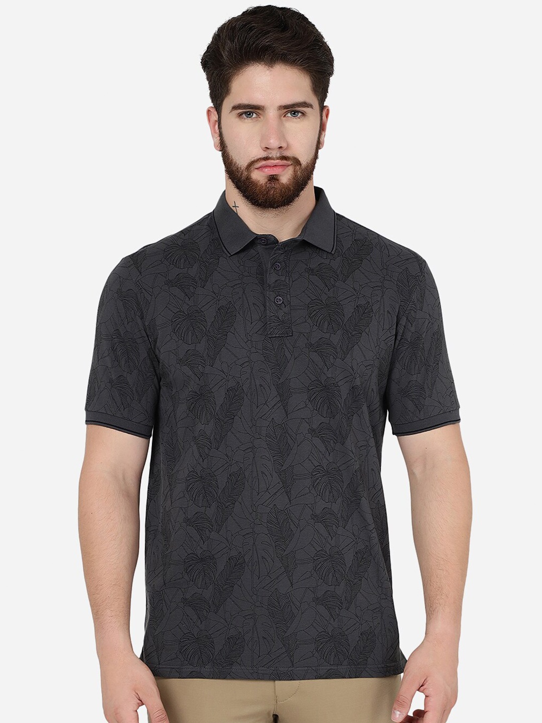 

JADE BLUE Tropical Printed Polo Collar Slim Fit Cotton T-Shirt, Grey