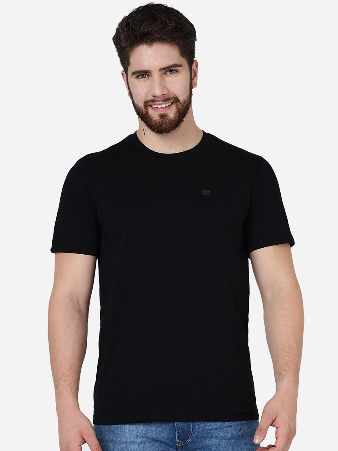 

JADE BLUE Round Neck Slim Fit Cotton T-Shirt, Black