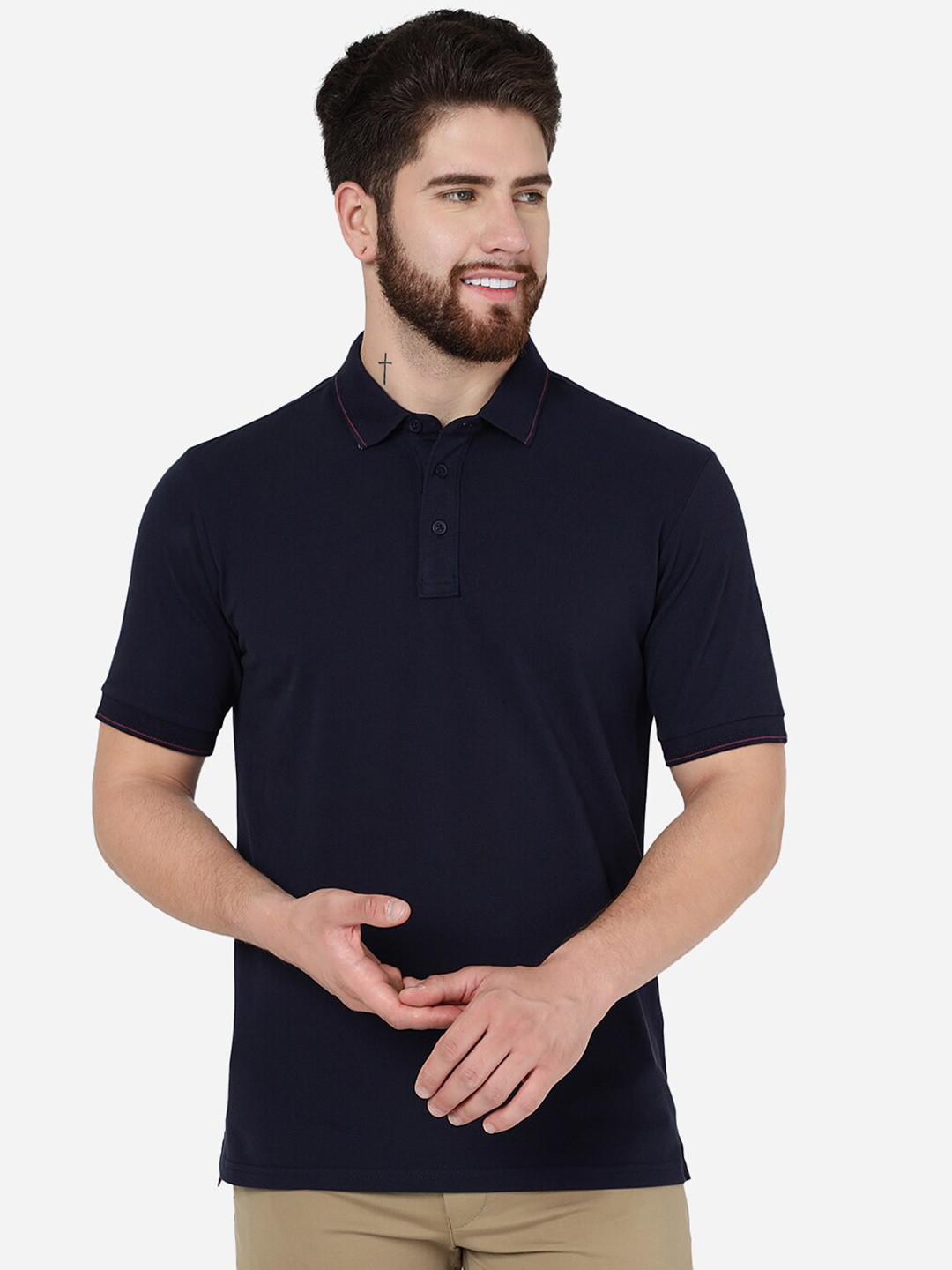 

JADE BLUE Polo Collar Slim Fit Cotton T-Shirt, Navy blue