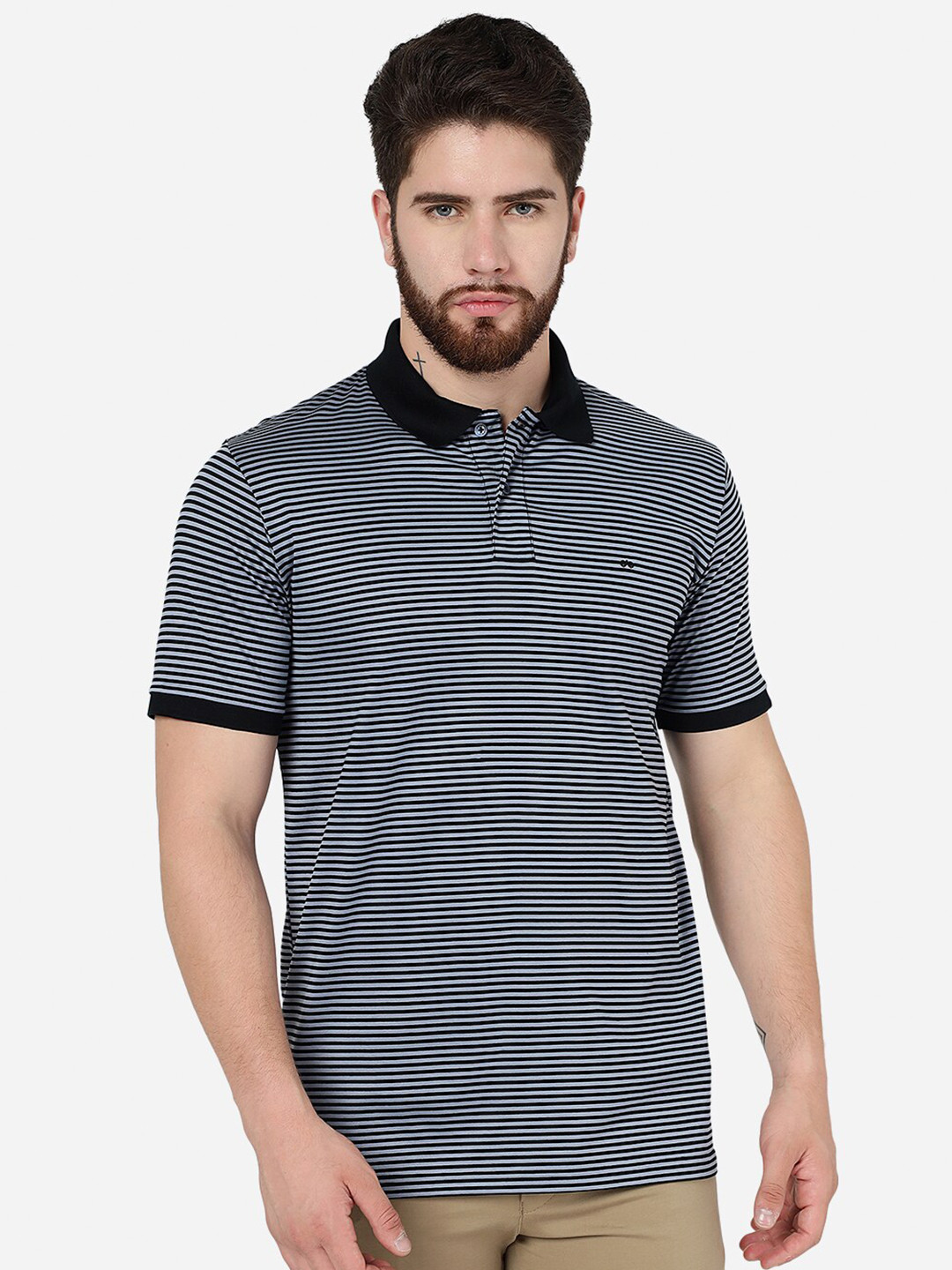 

JADE BLUE Striped Polo Collar Slim Fit Cotton T-Shirt, Black