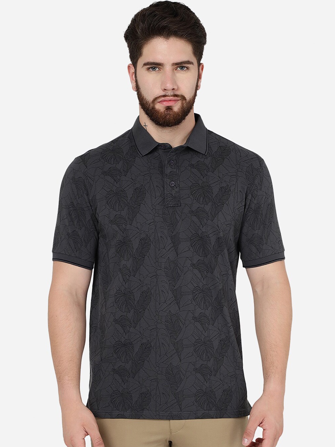 

JADE BLUE Tropical Printed Polo Collar Cotton Slim Fit T-Shirt, Grey