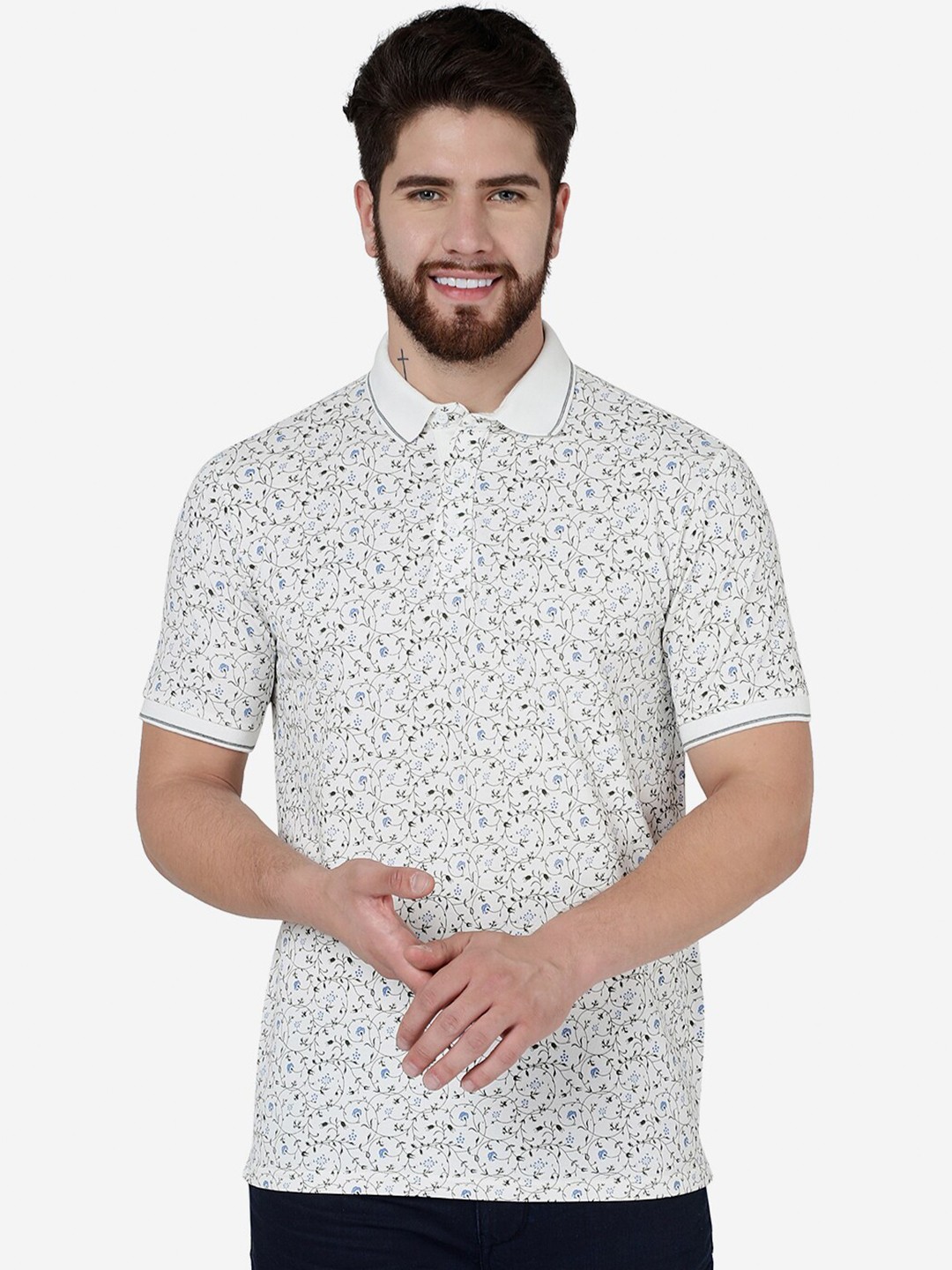 

JADE BLUE Floral Printed Polo Collar Slim Fit Pure Cotton T-shirt, White