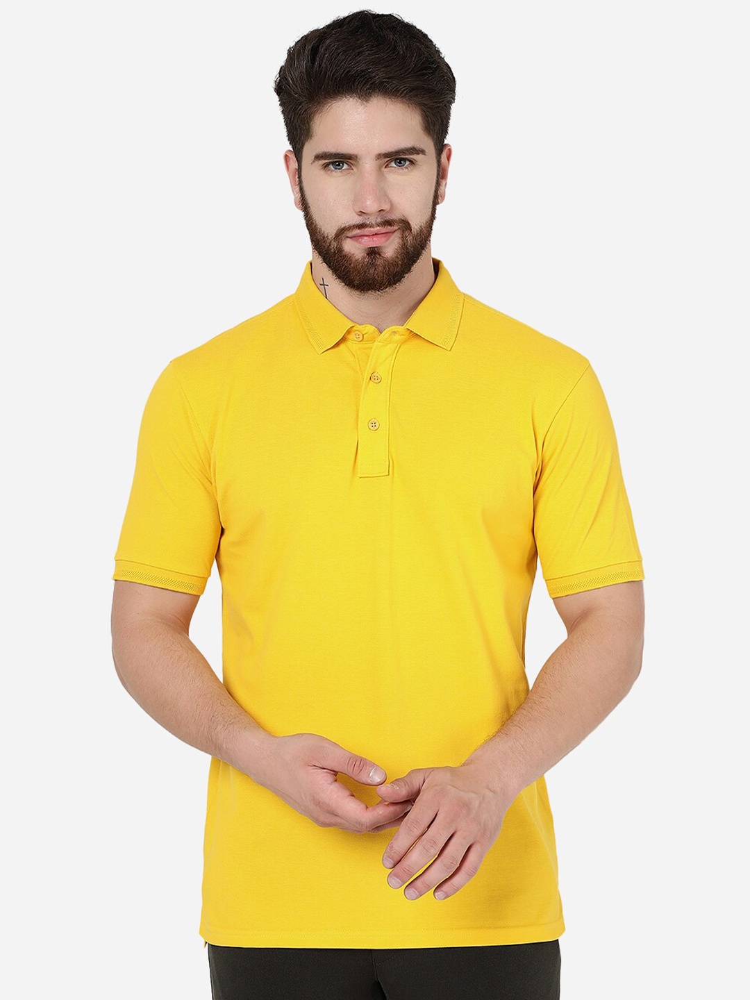 

JADE BLUE Polo Collar Casual Pure Cotton Slim Fit T-shirt, Yellow