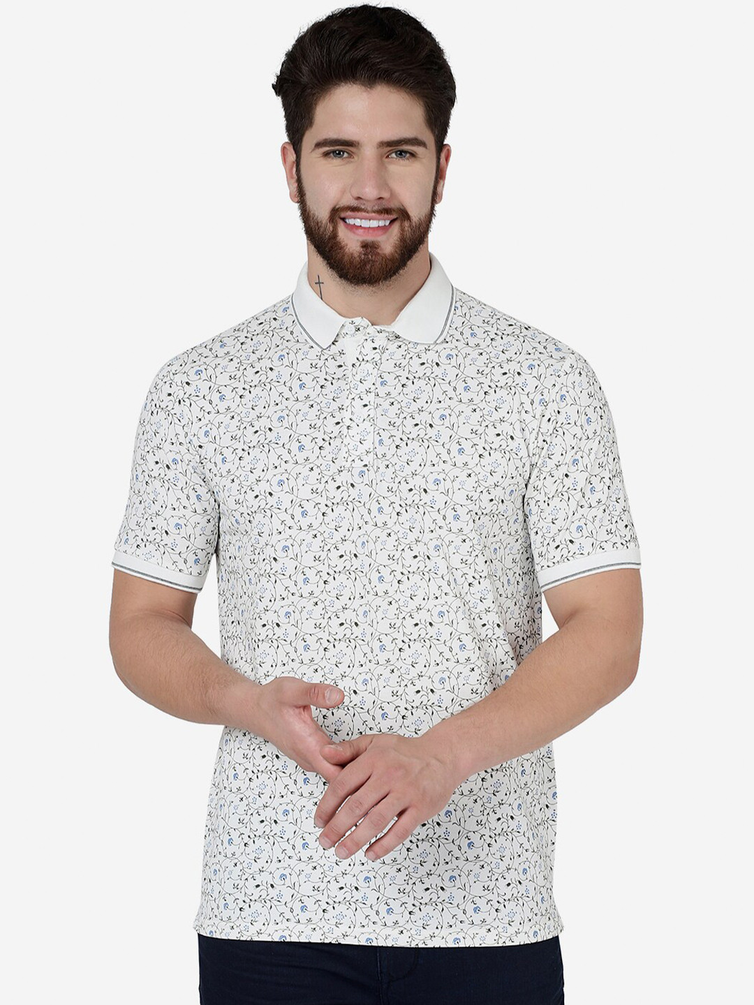 

JADE BLUE Floral Printed Polo Collar Cotton T-shirt, White