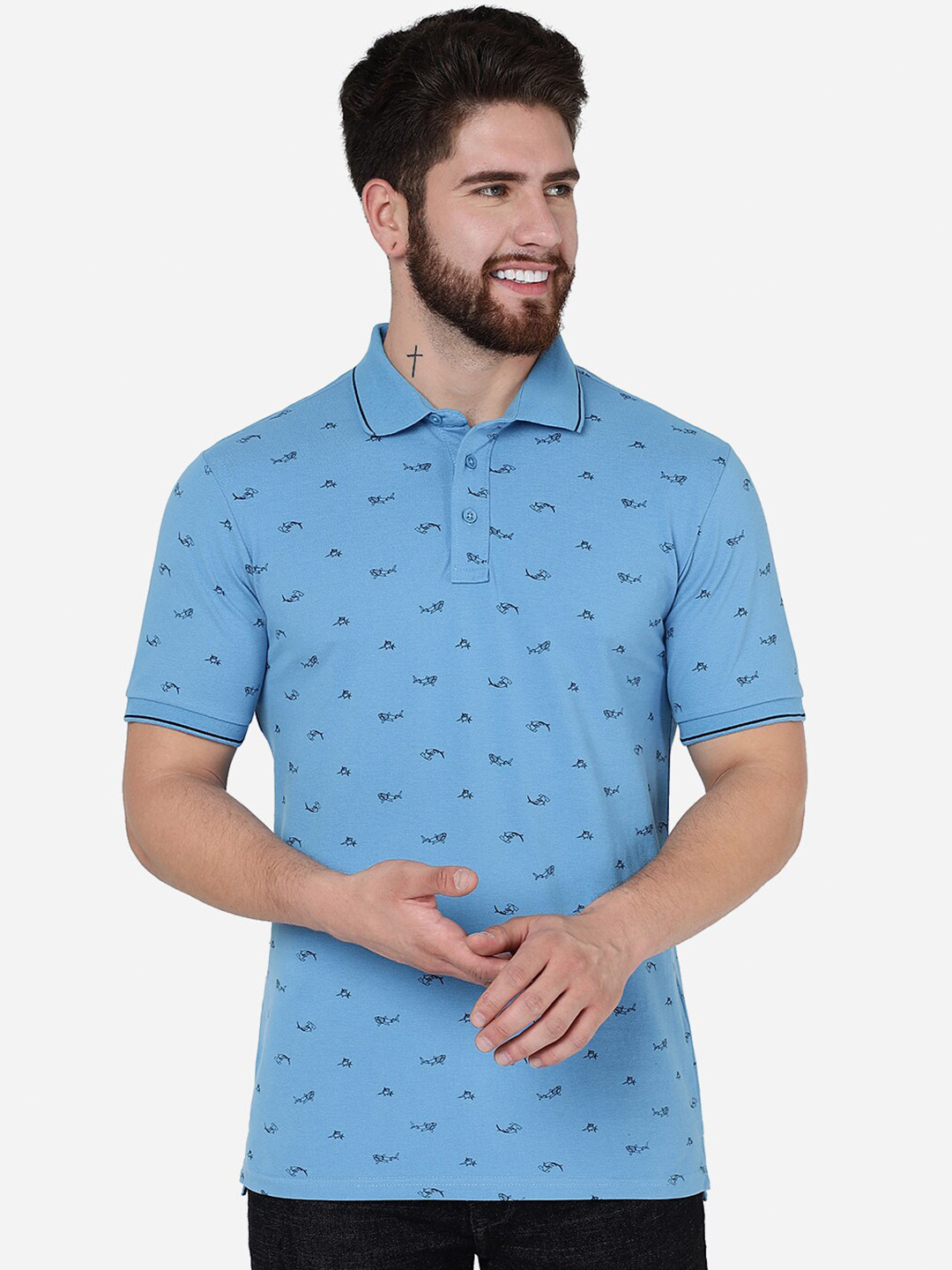 

JADE BLUE Men Blue Printed Polo Collar Pockets Slim Fit T-shirt